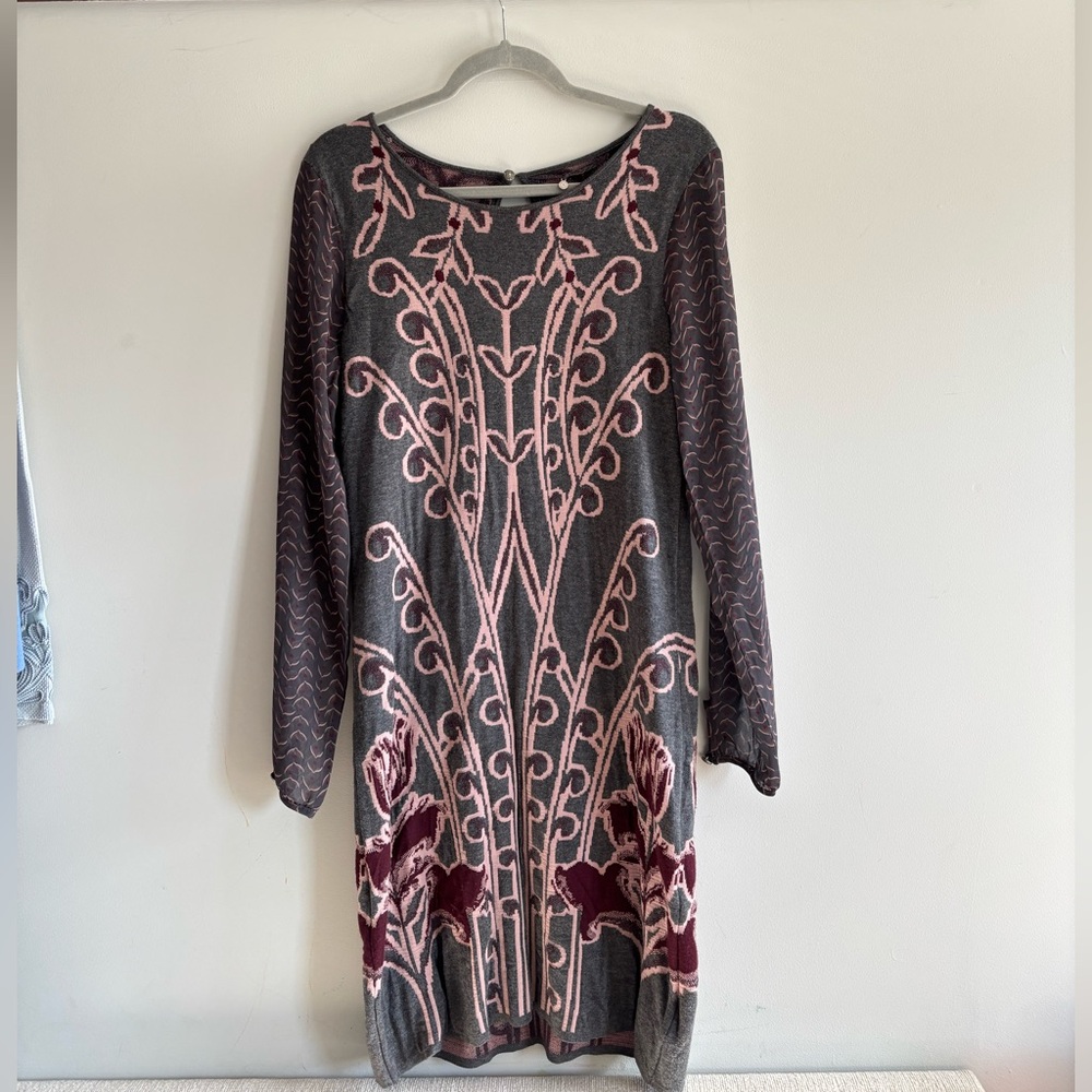 Gray and Pink Patterned Long Sleeve Dress